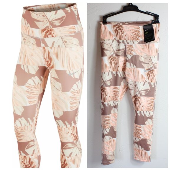 Nike Womens Dri FIT Botanical Cropped High Rise Leggings Small Brown Peach NWT - Picture 1 of 8